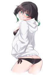 Rule 34 | 1girl, absurdres, ass, bikini, black bikini, black hair, blush, breasts, butt crack, cowboy shot, from behind, gradient hair, grin, highres, hood, hood down, hooded jacket, jacket, large breasts, long sleeves, looking at viewer, looking back, love live!, love live! nijigasaki high school idol club, medium hair, multicolored hair, nasuno (nasuno42), open clothes, open jacket, simple background, smile, solo, standing, swimsuit, takasaki yu, twintails, wet, white background, white jacket