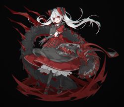 Rule 34 | 1girl, black background, black dress, black gloves, bow, dress, fang, full body, gloves, highres, iralion, long hair, monster, open mouth, original, red bow, red eyes, sharp teeth, simple background, smile, solo, standing, teeth, white bow, white hair