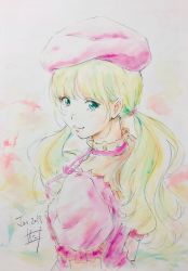 Rule 34 | 1girl, absurdres, alternate hairstyle, beret, blonde hair, blouse, carole &amp; tuesday, color ink (medium), commentary, dated, from side, green eyes, hat, highres, lips, looking at viewer, low twintails, nii manabu, pink hat, pink shirt, puffy short sleeves, puffy sleeves, ribbon, shirt, short sleeves, signature, smile, solo, tuesday simmons, twintails, upper body