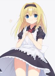 Rule 34 | 1girl, alternate costume, apron, black hairband, black shirt, black skirt, blonde hair, blue eyes, blue panties, blush, chitose sana, closed mouth, cofetaru, commentary request, cowboy shot, enmaided, eyes visible through hair, frilled apron, frilled skirt, frills, from below, hair between eyes, hair down, hair intakes, hairband, hands up, highres, long hair, looking at viewer, maid, maid apron, neck ribbon, own hands together, panties, panty peek, puffy short sleeves, puffy sleeves, red ribbon, ribbon, shirt, short sleeves, sidelocks, simple background, skirt, smile, solo, standing, tenshinranman, underwear, white apron, white background