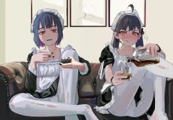 Rule 34 | 2girls, absurdres, ahoge, alcohol, apron, bandaid, bandaid on arm, bandaid on face, bandaid on hand, black hair, black nails, cigarette, colored inner hair, controller, cup, frilled apron, frills, highres, holding, holding cup, holding remote control, maid, maid apron, maid headdress, multicolored hair, multiple girls, nail polish, original, pantyhose, polilla, pouring, remote control, short hair, smoking, twintails, white apron, white pantyhose
