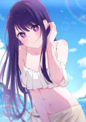 Rule 34 | 1girl, absurdres, adjusting hair, bare shoulders, bikini, blue sky, blush, breasts, cleavage, closed mouth, collarbone, commentary, day, eyelashes, eyes visible through hair, hair behind ear, hair between eyes, hand up, highres, hoshino ai (oshi no ko), lens flare, long hair, looking at viewer, medium breasts, midriff, navel, ocean, off-shoulder bikini, off shoulder, oshi no ko, outdoors, purple eyes, purple hair, sidelocks, sky, smile, solo, spaghetti strap, split mouth, star-shaped pupils, star (symbol), stomach, straight hair, swimsuit, symbol-shaped pupils, upper body, very long hair, watano yuki, white bikini