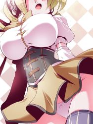 Rule 34 | 10s, 1girl, blonde hair, breasts, corset, covered erect nipples, drill hair, head out of frame, large breasts, long hair, mahou shoujo madoka magica, mahou shoujo madoka magica (anime), miuku (marine sapphire), panties, pantyshot, shirt, solo, standing, taut clothes, taut shirt, thighhighs, tomoe mami, twin drills, twintails, underwear