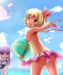 Rule 34 | 2girls, :&lt;, :d, absurdres, ass, ball, beachball, bikini, bikini skirt, blonde hair, bow, braid, breasts, cloud, crescent, crystal, day, embodiment of scarlet devil, fang, female focus, flandre scarlet, hair bow, hair ornament, highres, jitome, long hair, looking at viewer, looking back, medium breasts, mellpon, multiple girls, ocean, one-piece swimsuit, open mouth, outstretched arm, patchouli knowledge, pink bikini, polka dot, purple eyes, purple hair, red eyes, school swimsuit, see-through, short hair, side ponytail, sideboob, sky, smile, string bikini, swimsuit, tan, touhou, transparent, twin braids, very long hair, wings