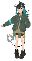 Rule 34 | 1girl, nanashi inc., akitetsu, alternate hairstyle, black footwear, black hair, black shorts, blue hair, brown footwear, brown shirt, closed mouth, demon girl, demon horns, demon tail, fang, fang out, flat chest, full body, green jacket, hand in pocket, high ponytail, highres, horns, jacket, long hair, long sleeves, looking at viewer, multicolored hair, open clothes, open jacket, pointy ears, red eyes, shirt, shishio chris, shoes, shorts, simple background, sleeves past wrists, smile, sneakers, solo, standing, sugar lyric, tail, tan, two-tone hair, virtual youtuber, white background, zipper