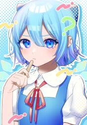Rule 34 | 1girl, ?, absurdres, blue background, blue bow, blue dress, blue eyes, blush, bow, cirno, closed mouth, dress, flat chest, hair between eyes, hair bow, hand up, highres, holding, holding food, holding popsicle, holding stick, ice, ice wings, popsicle, popsicle stick, pudding modoki, puffy short sleeves, puffy sleeves, red ribbon, ribbon, serious, short sleeves, simple background, solo, stick, touhou, upper body, wing collar, wings