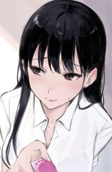 Rule 34 | 1girl, black hair, blush, bra, bra visible through clothes, brown eyes, collarbone, commentary request, condom, highres, holding, holding condom, long hair, looking away, miyabe kiwi, original, shirt, solo, sweat, underwear, white shirt