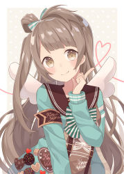 Rule 34 | 10s, 1girl, angel wings, armband, bow, bowtie, brown eyes, brown hair, character name, grey hair, hair bow, happy valentine, heart, index finger raised, jacket, long hair, long sleeves, looking at viewer, love live!, love live! school idol festival, love live! school idol project, minami kotori, nagitoki, one side up, outside border, pin, polka dot, polka dot background, sailor collar, side ponytail, smile, solo, striped bow, striped bowtie, striped clothes, striped neckwear, suspenders, upper body, wings