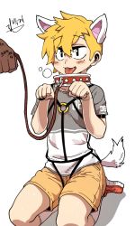 Rule 34 | 1boy, :3, animal ears, black eyes, black hair, blonde hair, blush, blush stickers, collar, dog ears, dog tail, fang, highres, jeong surim, leash, male focus, mole, mole under eye, parkgee, paw pose, pet play, shorts, simple background, solo focus, suicide boy, tail, white background