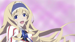 Rule 34 | 10s, bad id, bad pixiv id, blonde hair, blouse, blue eyes, blush, cecilia alcott, collared shirt, curly hair, drill hair, hairband, highres, infinite stratos, long hair, pink background, ribbon, school uniform, shirt, smile, solo, wallpaper, white background, white shirt