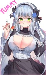 Rule 34 | 1girl, absurdres, alternate costume, apron, assault rifle, blue hair, blunt bangs, blush, breasts, cake, cleavage, cleavage cutout, clothing cutout, cross hair ornament, dress, english text, enmaided, facial mark, food, fork, frilled dress, frills, fruit, girls&#039; frontline, green eyes, gun, h&amp;k hk416, hair ornament, highres, hk416 (girls&#039; frontline), holding, hyoin, large breasts, light blue hair, long hair, looking at viewer, maid, maid apron, maid headdress, rifle, silver hair, simple background, solo, strawberry, teardrop facial mark, tongue, tongue out, turtleneck, upper body, very long hair, weapon, white background