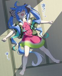 Rule 34 | 1girl, ahoge, animal ears, barefoot, blue hair, breasts, closed eyes, crossed bangs, dress, food print, full body, green jacket, highres, horse ears, horse girl, horse tail, jacket, long hair, lying, nokora (otonarinoco), on back, open clothes, open jacket, open mouth, outstretched arms, sharp teeth, short sleeves, sleeveless, sleeveless dress, small breasts, solo, spread arms, tail, tatami, teeth, toes, twin turbo (umamusume), twintails, umamusume, watermelon print