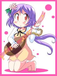 Rule 34 | 1girl, flower, geetsu, hair flower, hair ornament, instrument, long hair, musical note, playing instrument, purple hair, solo, touhou, tsukumo benben, twintails