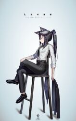 Rule 34 | 1girl, a0lp, alternate costume, arknights, belt, black footwear, black hair, black necktie, black pants, character name, closed eyes, closed mouth, collared shirt, crossed legs, formal, from side, high chair, highres, holding, holding clothes, holding jacket, jacket, looking at viewer, necktie, pants, ponytail, shirt, simple background, sitting, sleeves rolled up, smile, solo, suit, tail, texas (arknights), unworn jacket, white background, white shirt