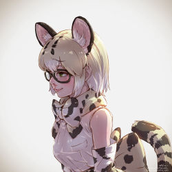 Rule 34 | 10s, 1girl, animal ear fluff, animal ears, black-framed eyewear, blonde hair, blood, bow, bowtie, cat ears, cat tail, closed mouth, commentary request, extra ears, from side, glasses, green eyes, highres, kemono friends, margay (kemono friends), nosebleed, shirt, sleeveless, sleeveless shirt, smile, solo, striped tail, tail, tail raised, takami masahiro, upper body, white hair, white shirt
