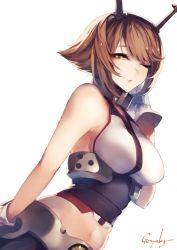 Rule 34 | 10s, 1girl, ;), artist name, bare shoulders, breasts, brown hair, closed mouth, from side, genyaky, gloves, green eyes, hairband, headgear, kantai collection, large breasts, looking at viewer, looking to the side, midriff, mutsu (kancolle), navel, one eye closed, radio antenna, short hair, sideboob, sleeveless, smile, solo, stomach, upper body, white background, white gloves