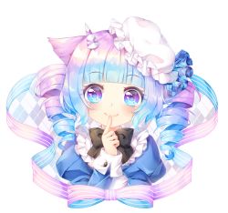 Rule 34 | animal ears, blue eyes, blue hair, bow, commission, drill hair, finger to mouth, frills, gradient eyes, gradient hair, horns, maid, multicolored eyes, multicolored hair, original, purple eyes, purple hair, shushing, single horn, tonowa, twin drills, twintails, upper body