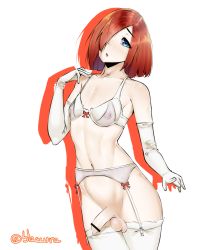 Rule 34 | 1other, blaccura, blue eyes, censored, elbow gloves, flaccid, foreskin, freckles, functionally nude, futanari, gloves, hair over one eye, highres, lingerie, medium hair, newhalf, nipples, original, penis, red hair, see-through, solo, testicles, thighhighs, trap, underwear