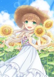 Rule 34 | 1girl, blonde hair, blush, bow, cross-laced clothes, day, dress, field, flower, flower field, green eyes, hair ribbon, hat, hat bow, holding, holding flower, ibuki ena, light particles, light rays, long hair, looking at viewer, low twintails, open mouth, original, outdoors, ribbon, sky, sleeveless, sleeveless dress, smile, solo, straw hat, sunflower, sunflower field, sunlight, twintails, very long hair