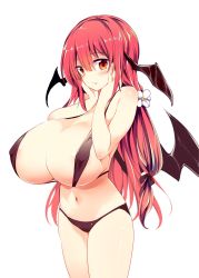 Rule 34 | 1girl, alternate breast size, bare arms, bare shoulders, bikini, black bikini, black ribbon, blush, breasts, covered erect nipples, cowboy shot, flower, hair flower, hair ornament, hair ribbon, hands on own face, head wings, highres, huge breasts, koakuma, long hair, looking at viewer, maturiuta sorato, micro bikini, navel, red eyes, red hair, revision, ribbon, simple background, solo, standing, swimsuit, touhou, white background, wings
