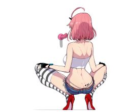 Rule 34 | 1girl, ass, ass tattoo, back, bad id, bad pixiv id, bare arms, bare shoulders, butt crack, counter:side, cowlick, crop top, deliciousmeatart, dildo, facing away, g-string, gloves, heart, high heels, highres, korean commentary, partially fingerless gloves, pink hair, red footwear, saliva, sex toy, shadow, short hair, short shorts, shorts, simple background, solo, spread legs, squatting, striped clothes, striped thighhighs, sylvia lena cooper, thighhighs, thighs, thong, whale tail (clothing), white background