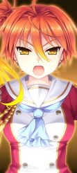 Rule 34 | 1girl, akahito tamao, breasts, earrings, face, game cg, hello lady!, highres, jewelry, long hair, nose, open mouth, orange hair, saeki hokuto, school uniform, side ponytail, simple background, solo, standing, yellow eyes