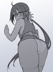 Rule 34 | 1girl, akebono (kancolle), alternate costume, ass, blush, cowboy shot, flower, from behind, greyscale, hair between eyes, hair flower, hair ornament, kantai collection, long hair, monochrome, ninja, open mouth, panties, side ponytail, solo, thighhighs, underwear, yuki to hana