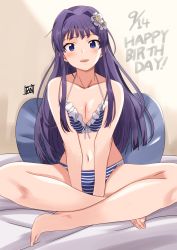 Rule 34 | 1girl, barefoot, bed sheet, bikini, blue bikini, blunt bangs, blunt ends, blush, breasts, cleavage, collarbone, dated, hair intakes, happy birthday, highres, idolmaster, idolmaster million live!, indian style, light purple hair, long hair, looking at viewer, medium breasts, mogami shizuka, navel, ponpon, sitting, smile, solo, striped bikini, striped clothes, swimsuit, very long hair