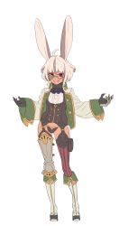 Rule 34 | 1girl, absurdres, ahoge, animal ears, armor, ascot, black gloves, blouse, boots, brown panties, buttons, contrapposto, double-breasted, enkyo yuuichirou, full body, garter straps, glasses, gloves, greaves, grey ascot, grey hair, hands up, highres, knee boots, long sleeves, looking at viewer, multicolored hair, original, outstretched arms, panties, pince-nez, pouch, rabbit ears, red eyes, red thighhighs, shirt, simple background, smile, solo, spread arms, standing, streaked hair, striped clothes, striped thighhighs, thighhighs, underwear, vertical-striped clothes, vertical-striped thighhighs, vest, white background, white footwear, white shirt, wide sleeves