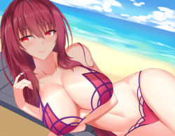 Rule 34 | 1girl, bare shoulders, beach, bikini, blush, breasts, cleavage, collarbone, day, fate/grand order, fate (series), feng mouren, hip focus, large breasts, long hair, looking at viewer, nail polish, navel, ocean, purple bikini, purple hair, red eyes, scathach (fate), scathach (fate/grand order), scathach (swimsuit assassin) (fate), smile, solo, swimsuit