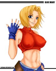 Rule 34 | 1girl, armpit peek, blonde hair, blue eyes, blue mary, breasts, covered erect nipples, denim, fatal fury, grin, hand on own hip, highres, jeans, large breasts, looking at viewer, midriff, navel, panties, pants, short hair, smile, snk, solo, the king of fighters, toned, unbuttoned, underwear, unzipped, white panties