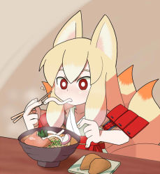 Rule 34 | 1girl, aburaage, animal ears, blonde hair, bright pupils, chopsticks, creatures (company), eating, food, fox ears, game freak, gen 1 pokemon, hora (hora06), multiple tails, ninetales, nintendo, noodles, personification, pokemon, red eyes, solo, sushi, tail, udon, white pupils