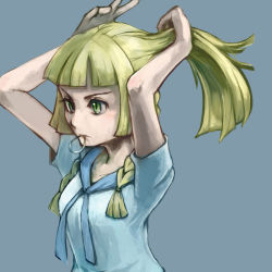 Rule 34 | 1girl, blonde hair, breasts, commentary request, creatures (company), furrowed brow, game freak, grey background, lillie (pokemon), looking away, medium breasts, mouth hold, nintendo, pokemon, pokemon usum, polyacryla, ponytail, serious, sidelocks, simple background, solo, tying hair, upper body