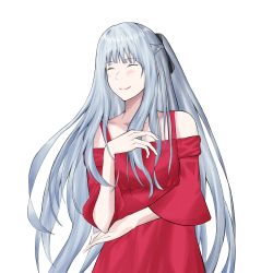 Rule 34 | 1girl, absurdres, ak-12 (girls&#039; frontline), blush, defy (girls&#039; frontline), dress, closed eyes, girls&#039; frontline, hairband, highres, long hair, red dress, silver hair, simple background, smile, solo, talnory, white background