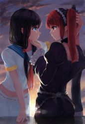 Rule 34 | 2girls, absurdres, black dress, black hair, blue eyes, dress, eye contact, face-to-face, grabbing another&#039;s chin, hand on another&#039;s chin, hand on another&#039;s head, has bad revision, headdress, highres, imminent kiss, kisei2, long hair, looking at another, low twintails, md5 mismatch, multiple girls, original, outdoors, red eyes, red hair, resolution mismatch, school uniform, serafuku, source smaller, twintails, yuri