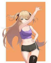 Rule 34 | 1girl, alternate costume, arm up, bare shoulders, blonde hair, breasts, casual, cleavage, cowboy shot, fischl (genshin impact), genshin impact, green eyes, hair ribbon, hand on own hip, midriff, moth1, navel, purple tank top, ribbon, short shorts, shorts, single thighhigh, solo, stomach, tank top, thighhighs, twintails