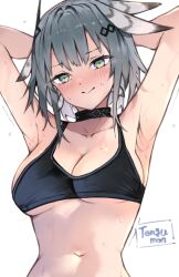 Rule 34 | 1girl, arknights, armpits, arms behind head, black choker, black sports bra, blush, breasts, choker, cleavage, closed mouth, collarbone, feather hair, green eyes, grey hair, greythroat (arknights), highres, kyuu (plastic night q), long hair, looking at viewer, medium breasts, navel, short hair, simple background, smile, solo, sports bra, sweat, upper body, white background