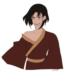 Rule 34 | 1girl, alternate hairstyle, angry, artist name, avatar: the last airbender, avatar legends, azula, bare shoulders, black hair, breasts, claireiosity, cleavage, collarbone, eyebrows, female focus, gold trim, hair down, highres, long sleeves, off shoulder, open mouth, orange eyes, pale skin, red robe, robe, sleeves past elbows, small breasts, solo, teeth, tongue, watermark, white background