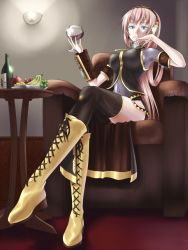 Rule 34 | 1girl, alcohol, blue eyes, boots, breasts, couch, cup, drinking glass, knee boots, long hair, medium breasts, megurine luka, nail polish, navel, pink hair, sitting, solo, tk28, very long hair, vocaloid, wine, wine glass