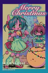Rule 34 | 2023, 2girls, :d, :o, ahoge, animal ears, animal hat, antlers, apron, bell, blue border, blush, border, bow, bright pupils, brown eyes, brown hair, capelet, cat ears, cat hat, christmas lights, christmas ornaments, christmas tree, collared dress, colored skin, copyright name, dejiko, di gi charat, dress, eyes visible through hair, film grain, frilled apron, frills, full body, fur-trimmed capelet, fur-trimmed dress, fur-trimmed footwear, fur trim, gema, gradient border, green capelet, green dress, green eyes, green footwear, green hair, hair bell, hair bow, hair ornament, hat, headband, highres, holding, holding sack, horns, leg up, looking at viewer, menma (enaic31), merry christmas, multiple girls, neck bell, open mouth, paw pose, pink skin, pom pom (clothes), puchiko, puffy short sleeves, puffy sleeves, purple border, red bow, red dress, red footwear, sack, santa costume, santa dress, shoes, short hair, short sleeves, simple background, smile, socks, standing, white apron, white headwear, white pupils, white socks, wing collar, yellow background, yellow headband