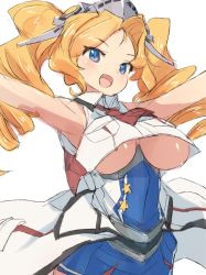 Rule 34 | 1girl, alchera, blonde hair, blue eyes, blue skirt, breasts, cowboy shot, crop top, drill hair, headgear, honolulu (kancolle), kantai collection, large breasts, long hair, looking at viewer, pleated skirt, simple background, skirt, sleeveless, sleeveless jacket, solo, twin drills, twintails, underboob, white background