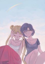 Rule 34 | 2girls, :o, arm around neck, backlighting, bare legs, bare shoulders, bishoujo senshi sailor moon, blonde hair, blue eyes, blue hair, blue sky, breasts, cleavage, collarbone, double bun, closed eyes, friends, hug, knees up, legs, long hair, long skirt, looking at viewer, mizuno ami, multiple girls, neck, open mouth, rainbow, red skirt, shira (busi), short hair, side-by-side, sitting, skirt, sky, sleeping, smile, star (sky), starry sky, tank top, tsukino usagi, twintails, yuri