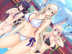 Rule 34 | 10s, 3girls, bare shoulders, bertille althusser, bikini, black hair, blonde hair, blue eyes, blush, breasts, celia kumani entory, cleavage, cloud, collarbone, drill hair, dutch angle, female focus, frilled bikini, frilled swimsuit, frills, front-tie top, game cg, hair ornament, hand on own hip, komori kei, large breasts, legs, long hair, looking at viewer, multiple girls, navel, parted lips, pink hair, polka dot, polka dot bikini, polka dot swimsuit, ryuzoji akane, side-tie bikini bottom, sky, smile, standing, sunlight, swimsuit, thighs, walkure romanze