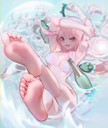 Rule 34 | 1girl, :d, absurdres, armpits, arms up, bare legs, barefoot, bikini, bottle, breasts, feet, foot focus, foreshortening, full body, highres, hololive, hololive english, legs up, long hair, looking at viewer, lying, medium breasts, mori calliope, nail polish, old metal 666, on back, open mouth, pink eyes, pink hair, smile, solo, string bikini, swimsuit, virtual youtuber, white bikini