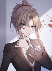 Rule 34 | 1girl, absurdres, bambi-25, blood, blood on face, blood on wall, braid, brown jacket, dress shirt, fate/grand order, fate (series), flower, hair ornament, hair scrunchie, hand up, highres, jacket, long sleeves, looking at viewer, medium hair, mordred (fate), mordred (formal dress) (fate), necktie, parted bangs, ponytail, red scrunchie, scrunchie, shirt, short necktie, solo, upper body, white shirt