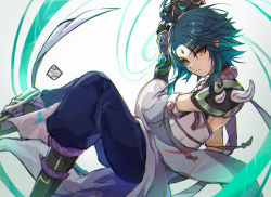 Rule 34 | 1boy, ahoge, arm guards, arm tattoo, bead necklace, beads, black gloves, black hair, closed mouth, detached sleeves, facial mark, forehead mark, genshin impact, gloves, green gloves, green hair, holding, holding mask, jewelry, long hair, looking at viewer, male focus, mask, multicolored hair, necklace, parted bangs, physics point, shoulder pads, shoulder spikes, simple background, slit pupils, solo, spikes, tassel, tattoo, xiao (genshin impact), yellow eyes