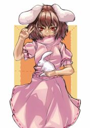 Rule 34 | 1girl, adapted costume, animal, animal ears, arm up, breasts, brown hair, dress, floppy ears, hand up, high collar, holding, holding animal, inaba tewi, looking at viewer, medium hair, nio (meple nio), pink dress, puffy short sleeves, puffy sleeves, rabbit, rabbit ears, red eyes, short sleeves, simple background, small breasts, solo, touhou, v, white background