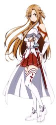 Rule 34 | 1girl, armor, asuna (sao), breastplate, brown eyes, brown hair, detached sleeves, floating hair, full body, highres, holding, holding sword, holding weapon, long hair, miniskirt, pleated skirt, red skirt, sheath, sheathed, simple background, skirt, solo, standing, sword, sword art online, thighhighs, weapon, white background, white thighhighs, zettai ryouiki