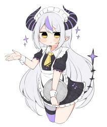 Rule 34 | 1girl, alternate costume, apron, ascot, black horns, black shirt, black skirt, blush stickers, braid, braided bangs, demon girl, enmaided, grey hair, highres, holding, holding tray, hololive, horns, jitome, kuma no bansoukou, la+ darknesss, long hair, looking at viewer, maid, maid apron, maid headdress, miniskirt, multicolored hair, pleated skirt, puffy short sleeves, puffy sleeves, purple hair, purple horns, shirt, short sleeves, skirt, solo, streaked hair, striped horns, tail, tray, very long hair, virtual youtuber, white apron, wrist cuffs, yellow ascot, yellow eyes