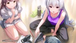 Rule 34 | 3girls, bottle, bra strap, brown hair, camera, copyright notice, cygames, floor, green hair, highres, idoly pride, knees apart feet together, multiple girls, official art, on floor, open mouth, pants, paper, pen, red eyes, shiny floor, shoes, short sleeves, shorts, silver hair, sitting, suzumura yuu, sweat, sweaty clothes, tank top, tendou rui, towel, very sweaty, water bottle, yellow eyes